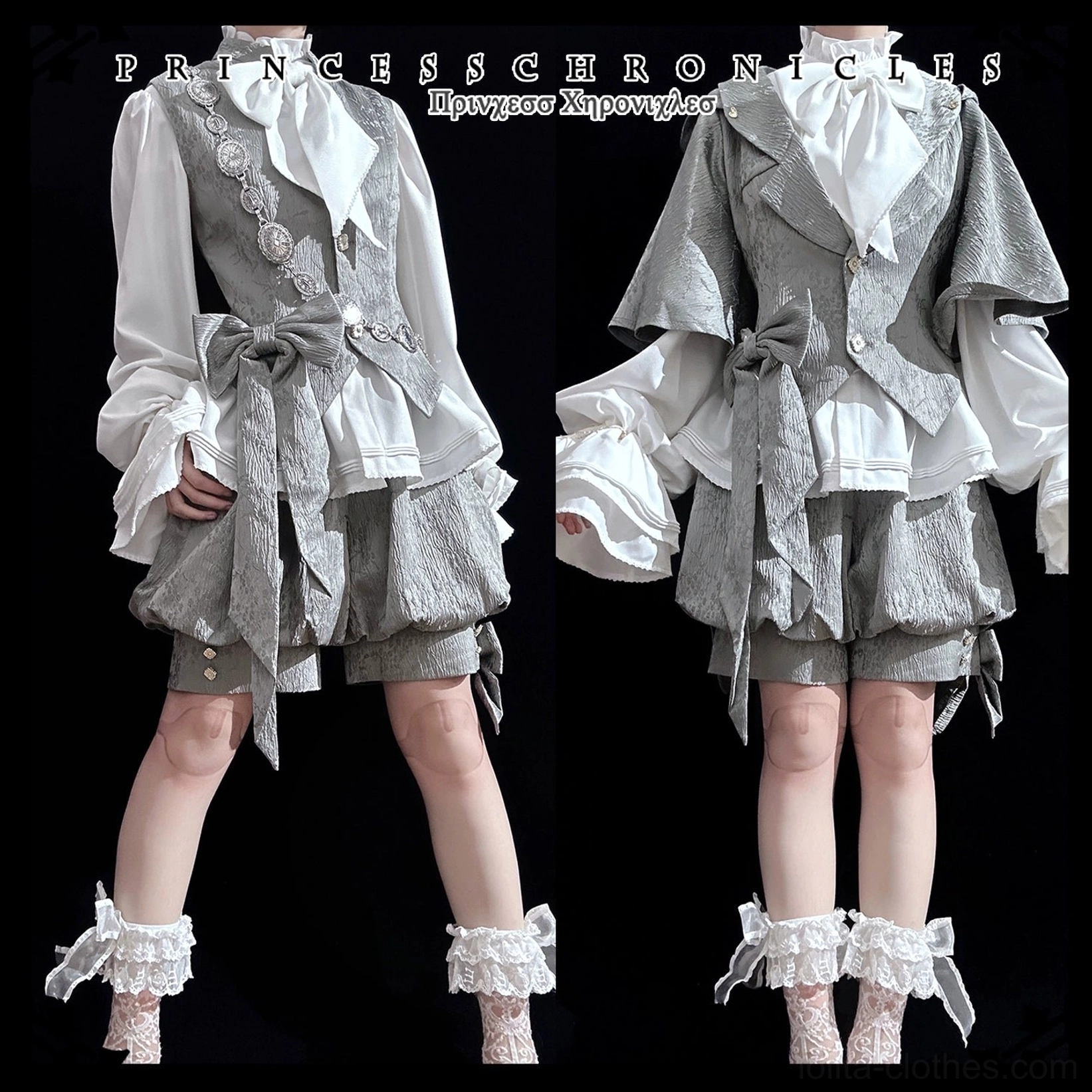 White blouse variant of rabbit ear ouji lolita suit with lace leg cuffs and Victorian gentleman styling front display