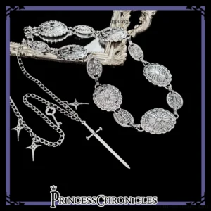 Rabbit Hunt retro Ouji Lolita silver metal waist chain flat lay with engraved medallions cross sword pendant and star chain details