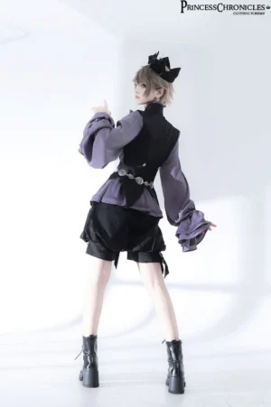 Back view of model wearing Rabbit Hunt silver metal waist chain with black and purple Retro Ouji Lolita outfit