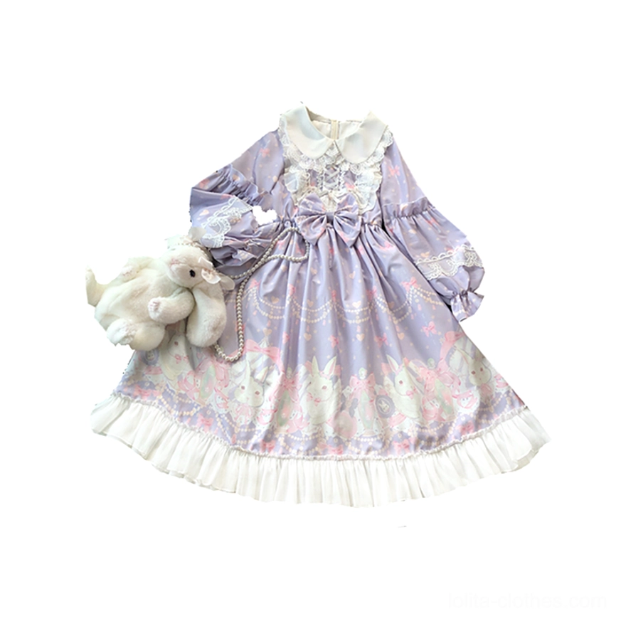 Pastel purple rabbit print Lolita OP dress product specification chart displaying fabric composition, available configurations, sizing measurements in centimeters and inches
