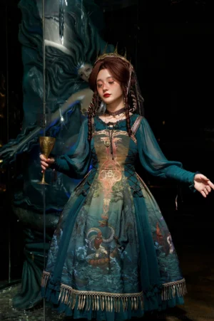 Ragnarok lolita JSK three-quarter view fitted corset bodice gradient vintage print flared a-line skirt tassel trim