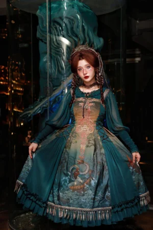 Nordic Loki lolita JSK dress front view dark teal square neckline lace-up bodice Laguna Rocca mythological print