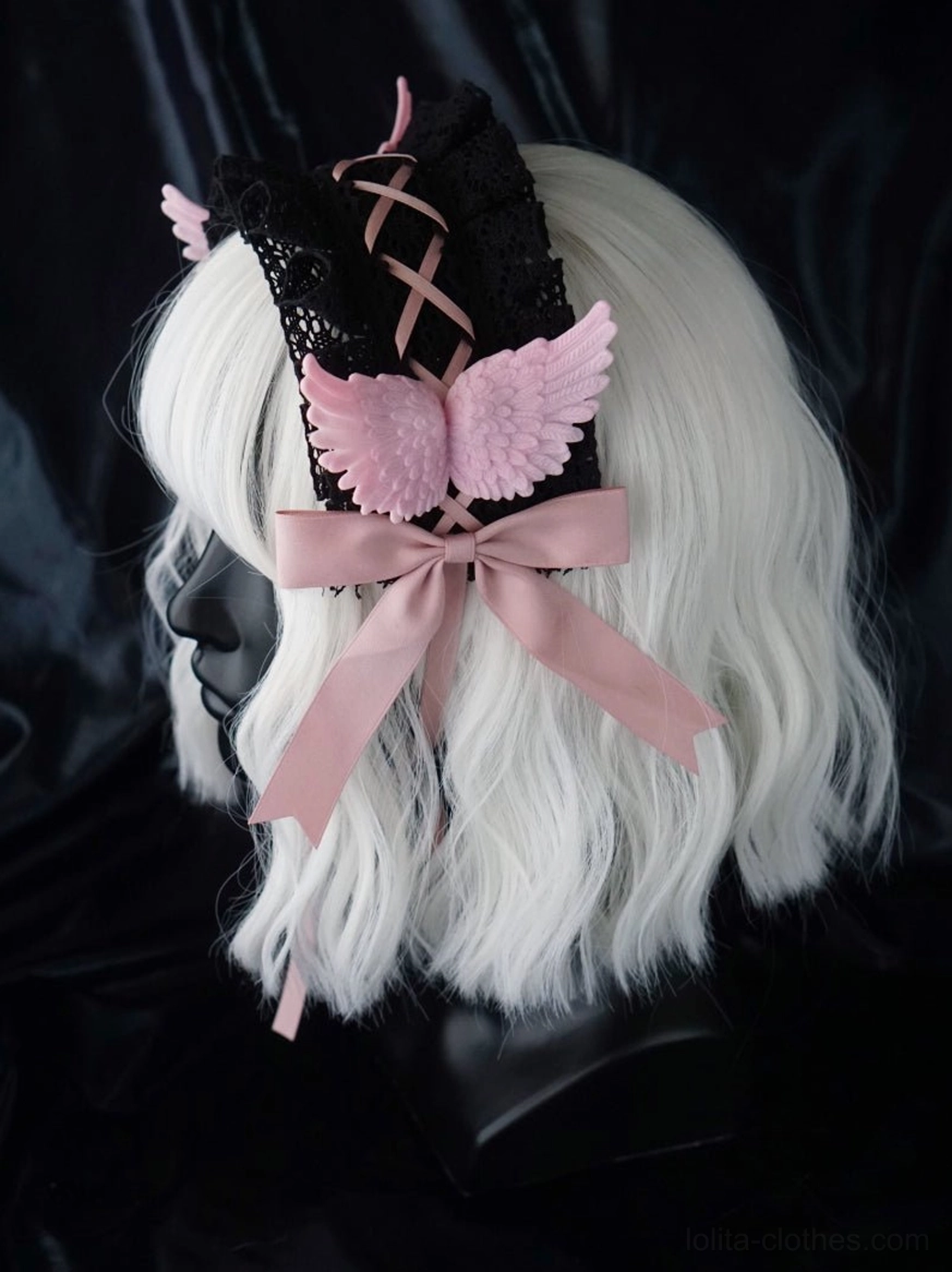 Raven wing lolita headband color variations comparison black crow white wing pink wing purple options displayed together
