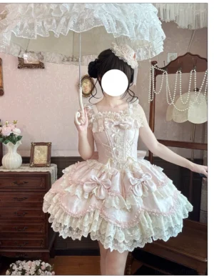 Realm of Sea Moon sweet lolita JSK dress front full view on model vintage bedroom pink white boned waist petal hem ruffled lace