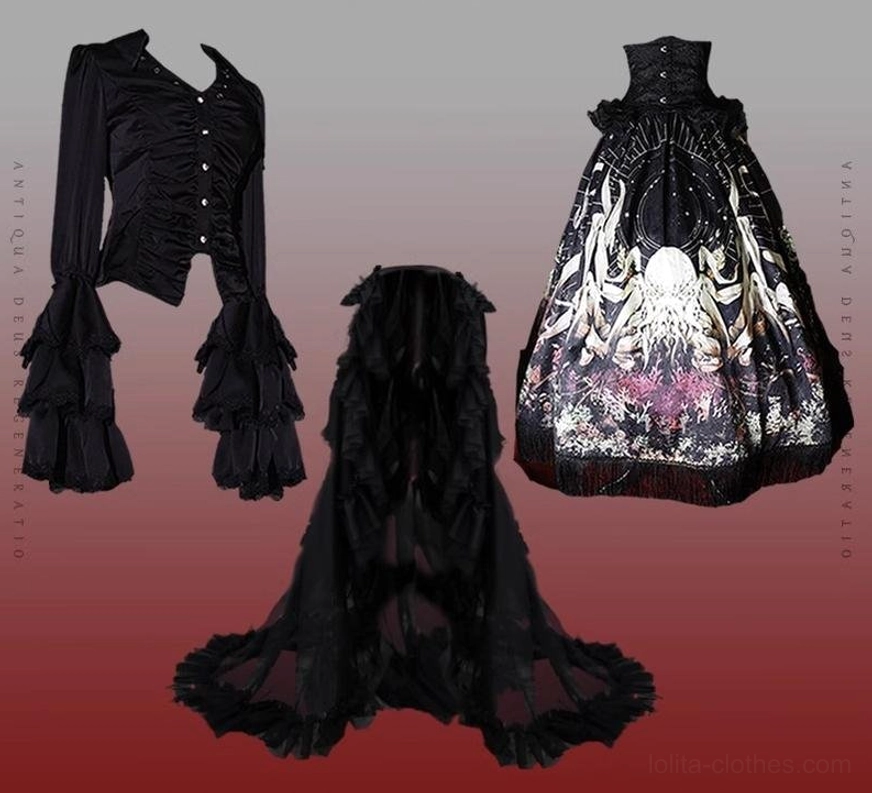 Reborn Ancient God Gothic Lolita black shirt trailing full set option octopus print skirt waist cincher dramatic veil