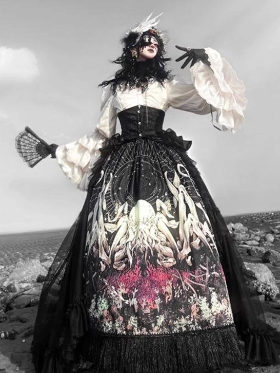 Reborn Ancient God Gothic Lolita formal dress side view feathered headpiece lace fan sheer black overskirt fringe hem tulle accents