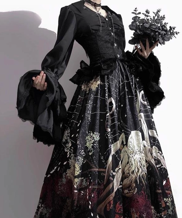 Reborn Ancient God Gothic Lolita trailing veil detail double layer tulle hand sewn red crystals ruffled trim hem
