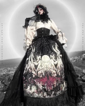 Reborn Ancient God Gothic Lolita Cthulhu set white blouse black skirt octopus print outdoor model wearing full ensemble with dramatic trailing veil and moon backdrop