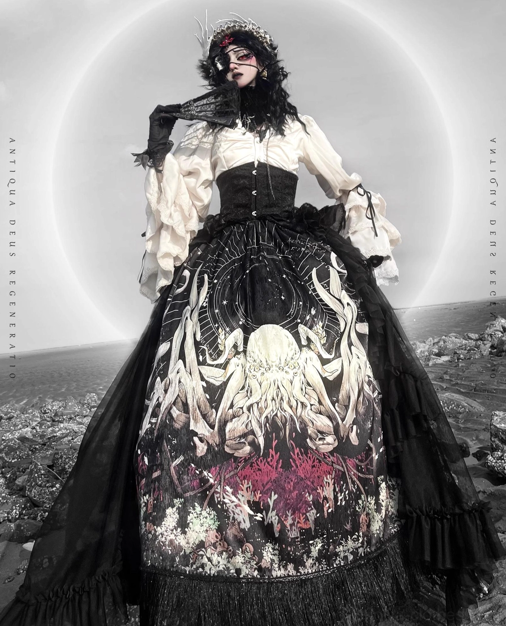 Reborn Ancient God Gothic Lolita Cthulhu set white blouse black skirt octopus print outdoor model wearing full ensemble with dramatic trailing veil and moon backdrop