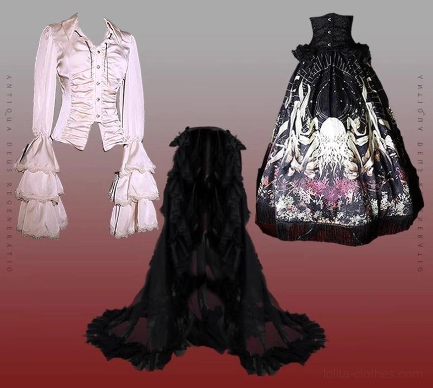 Reborn Ancient God Gothic Lolita white shirt trailing full set option octopus print skirt waist cincher veil