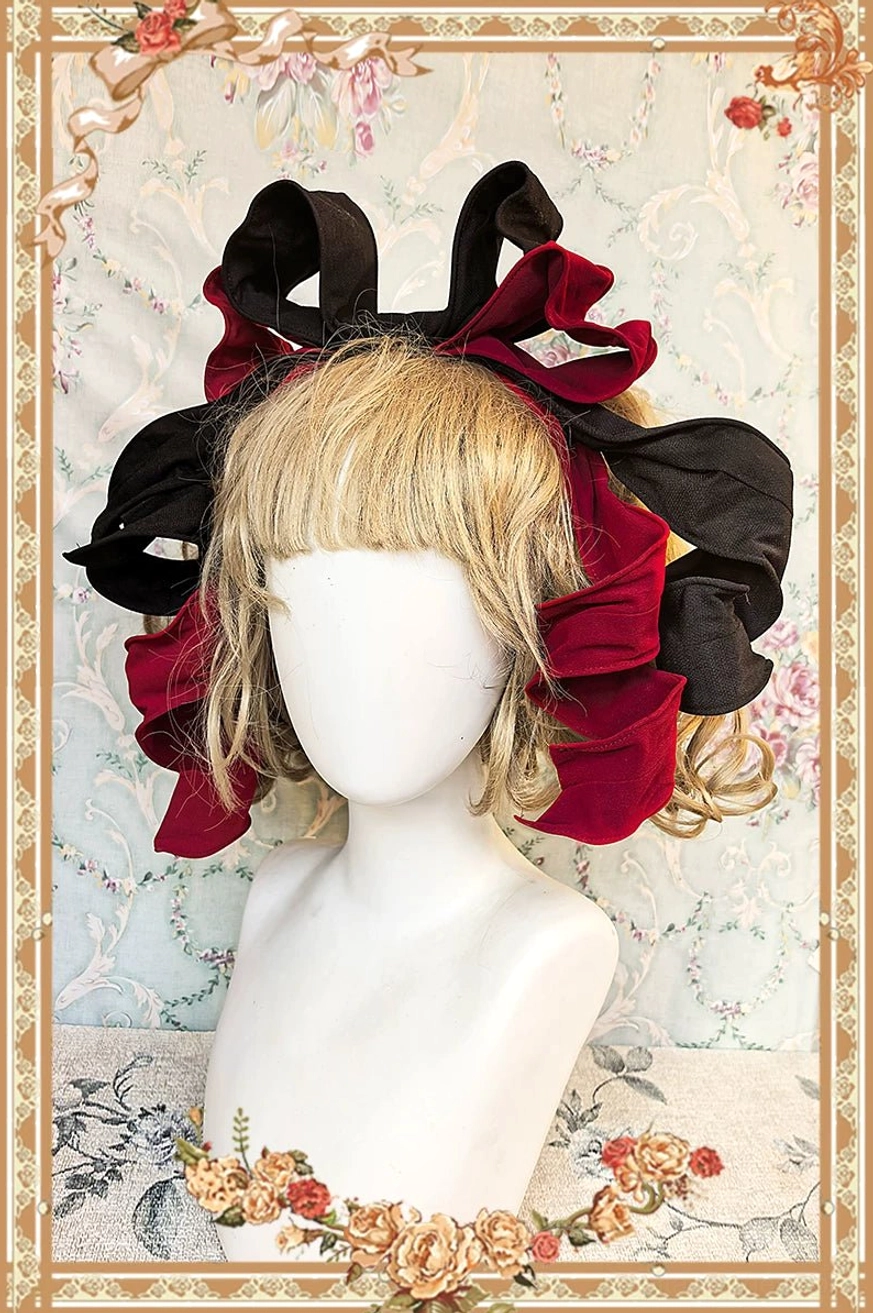 Red and black anti-gravity lolita coordinate set showing complete ensemble styling with all accompanying pieces and accessories