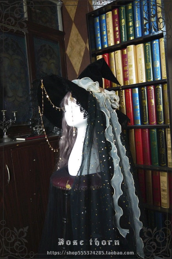 Red bow ribbon lolita witch hat without veil and star chain, vampire gothic lolita fashion headwear