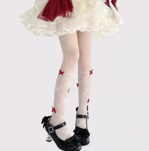 Red bows delicate crisscross lolita summer pantyhose sheer fabric with cream frilly skirt and black mary jane shoes