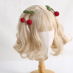 Red cherry wool felt fish-mouse hair clips pair on blonde wig mannequin lolita headdress accessory handmade