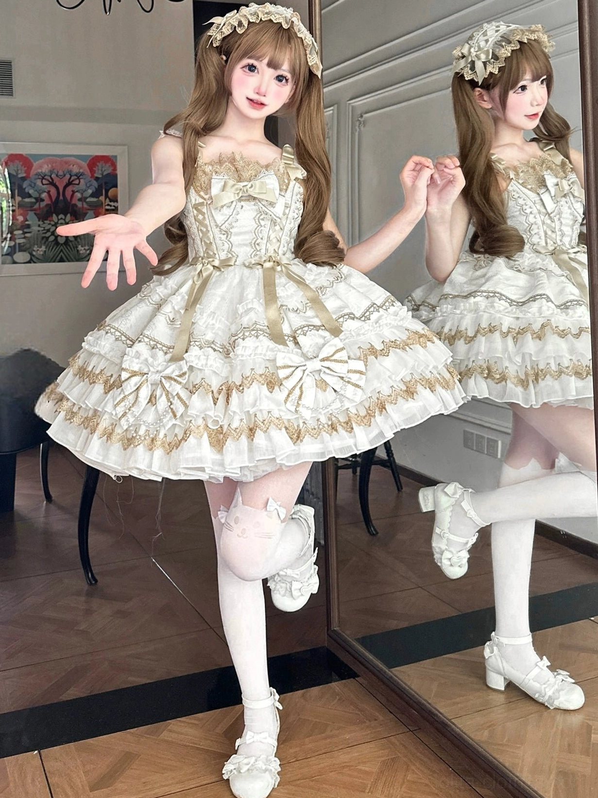 Red and gold sweet lolita jumper dress full body front view tiered ruffles gold lace trims satin bows pearl ornaments matching red Mary Jane shoes