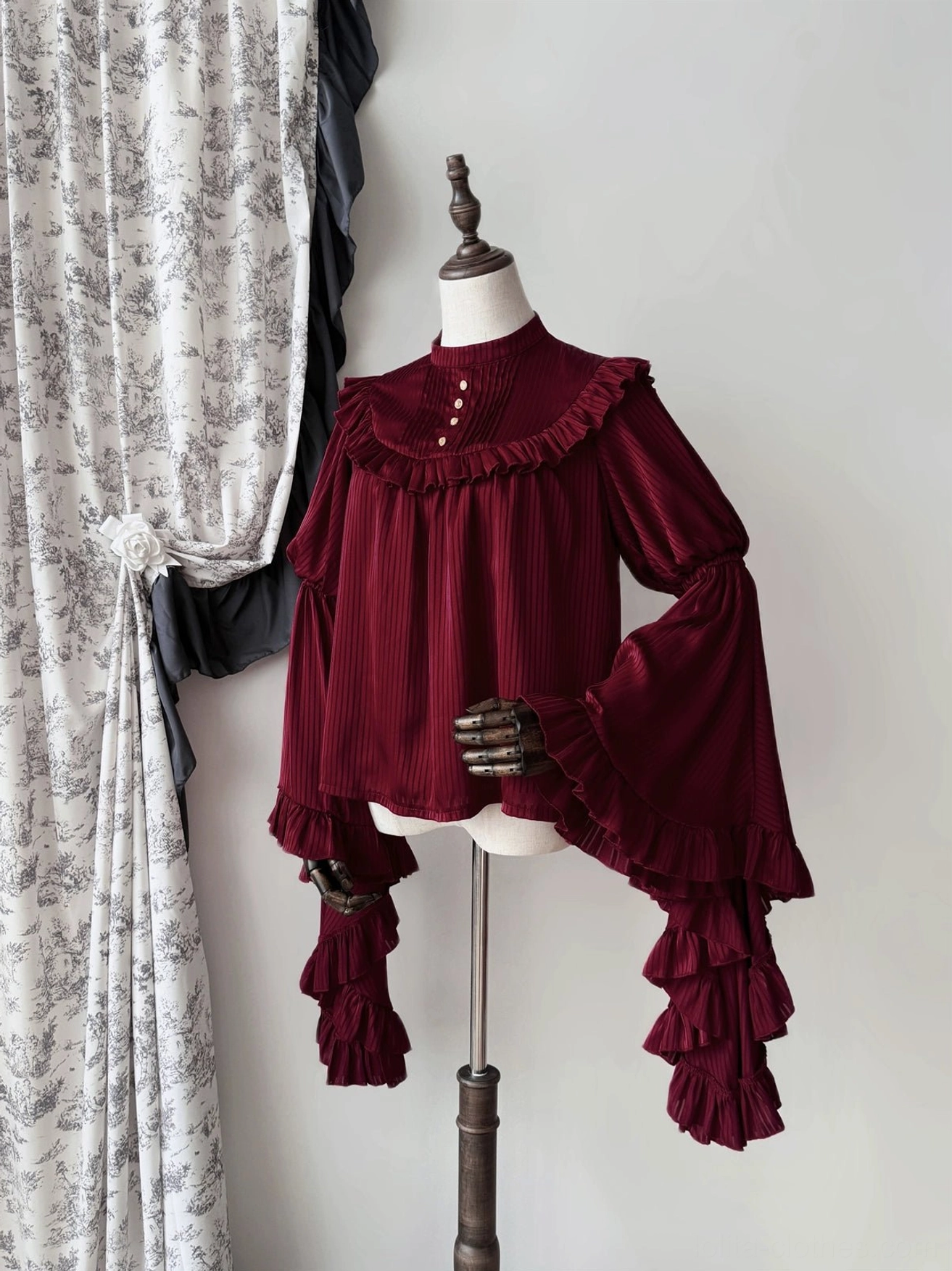 Red gothic lolita blouse small size front view with princess sleeves, ruffled yoke detail, and vintage aesthetic styling
