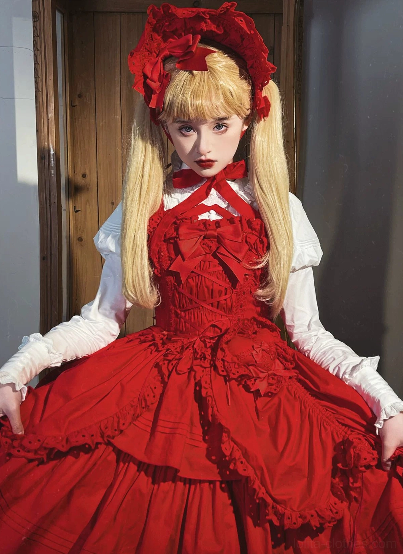 Three-quarter side view of red Gothic Lolita JSK on mannequin displaying built-in small handbag, ruffled bodice, and layered skirt structure