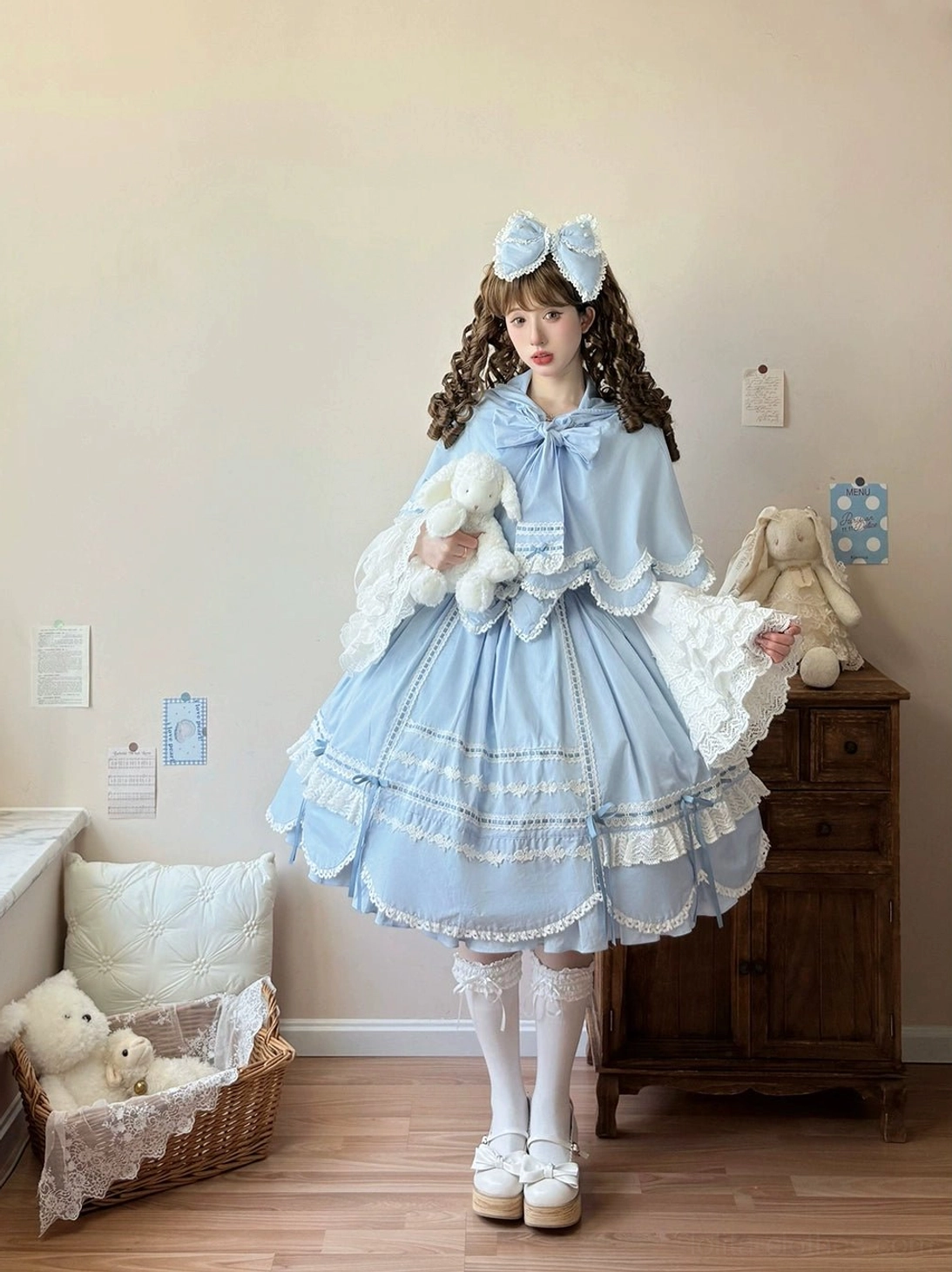 Red little red riding hood inspired lolita cape rabbit ear hood fairy tale aesthetic vintage petal design