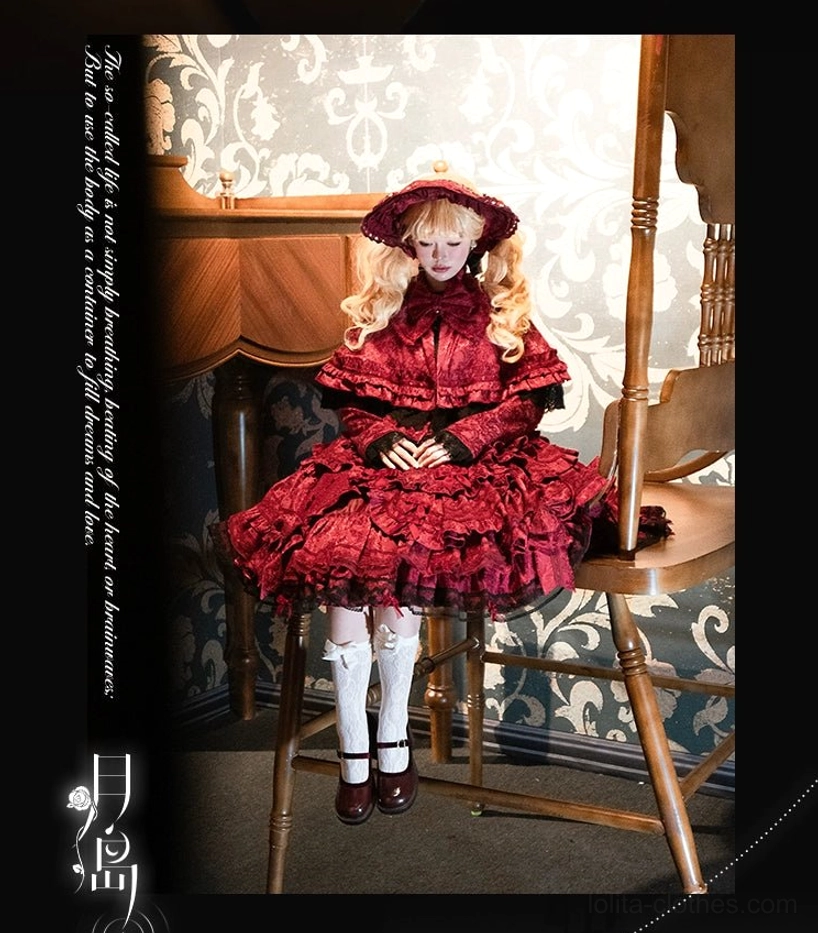 Red gothic lolita bonnet cape sitting pose vintage dining room white stockings brown leather shoes