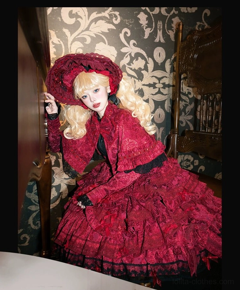 Red gothic lolita bonnet cape large brim tiered lace skirt black fingerless gloves side view