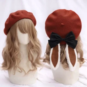 Red wool lolita bunny ear beret with black satin bow - matching front wear and rear flat lay display with blonde wavy hair mannequin