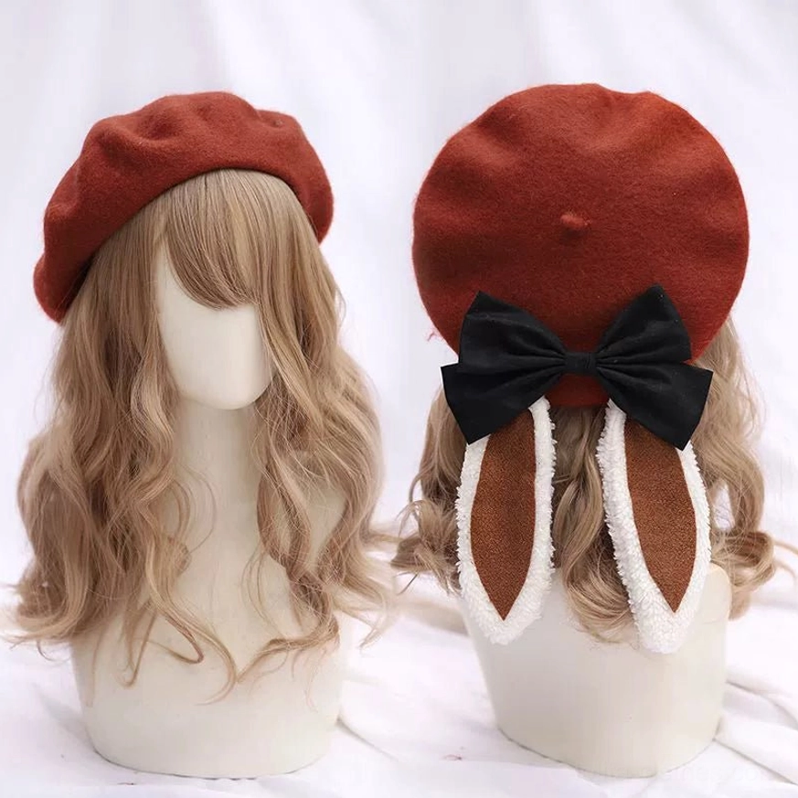 Red wool lolita bunny ear beret with black satin bow - matching front wear and rear flat lay display with blonde wavy hair mannequin