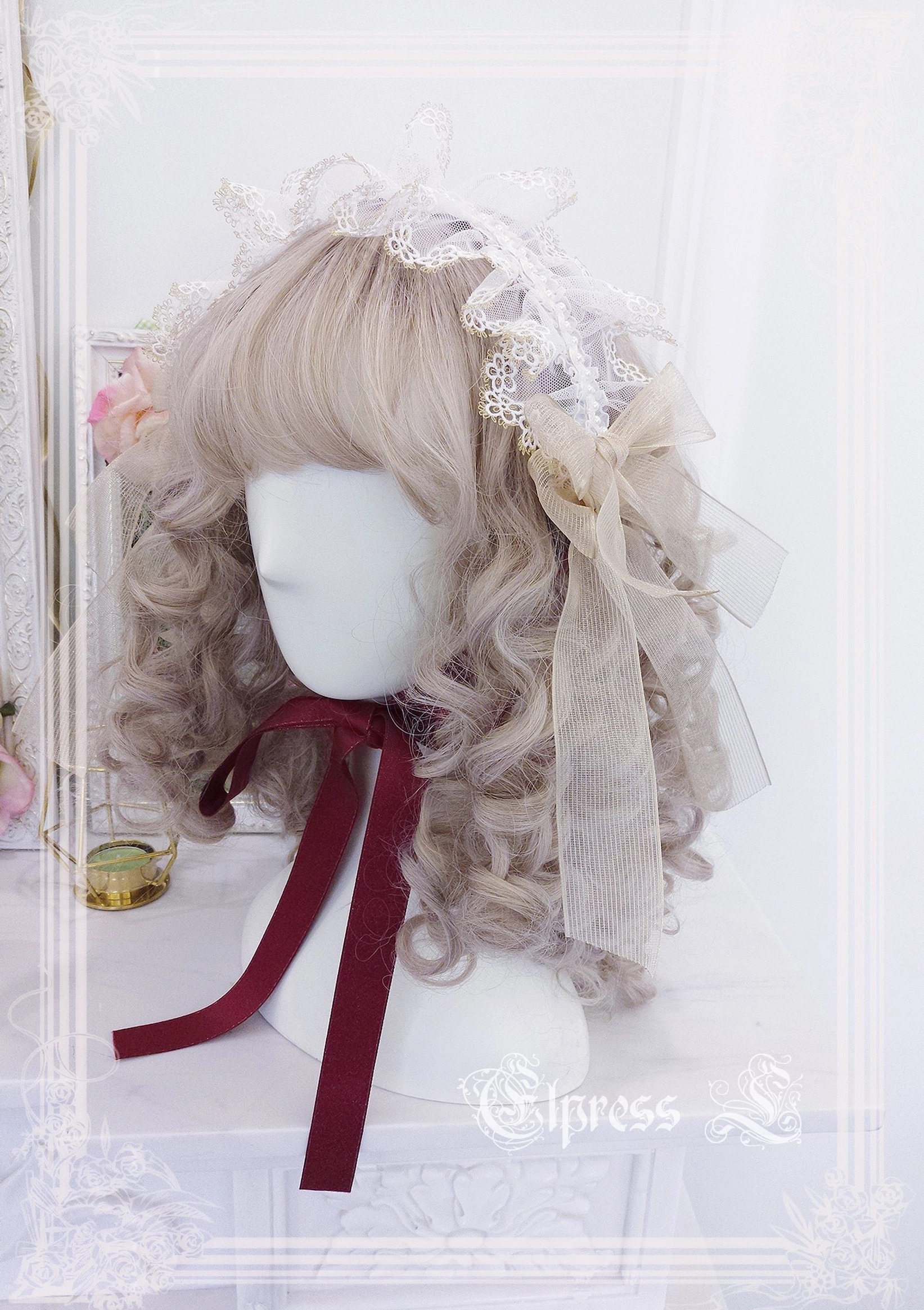 Red lolita mesh veil dual-purpose with prominent front bow and delicate side mesh panels versatile styling