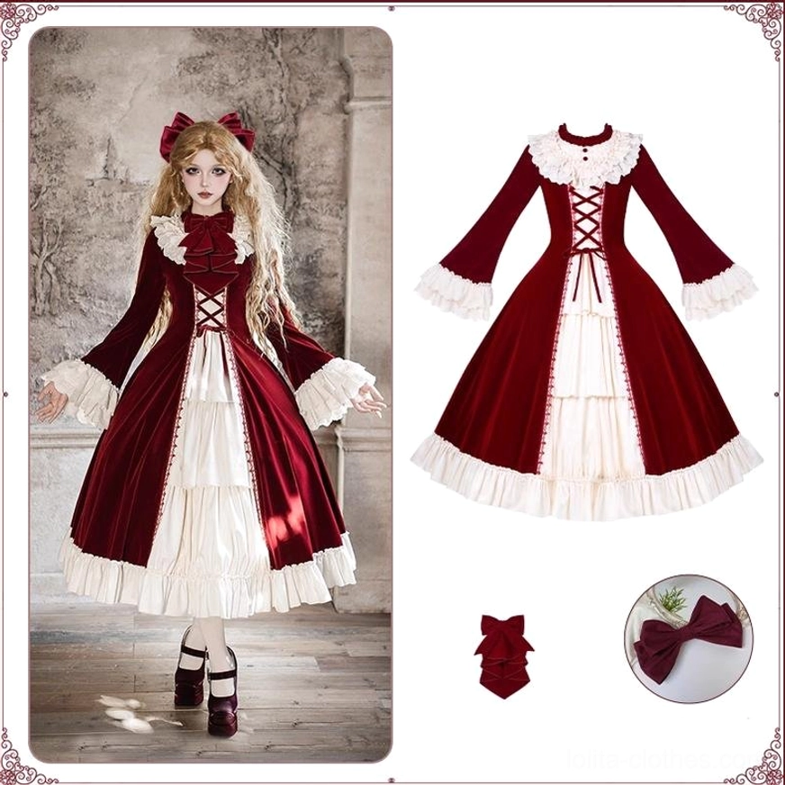 Red OP dress with burgundy bow and red jabot lace neckpiece complete set three-piece bundle
