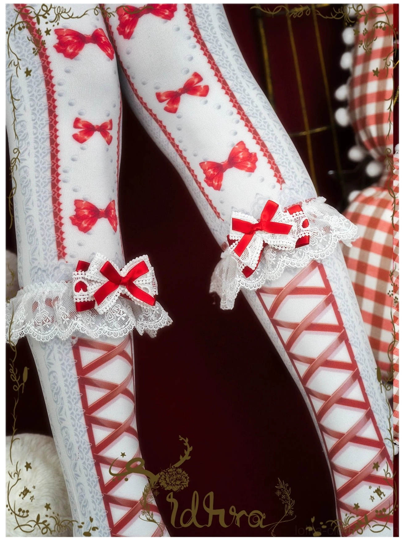 Close-up detail of red festive lolita pantyhose showing double-layer white ruffled lace calf decorations with red bows and cross-strap pattern