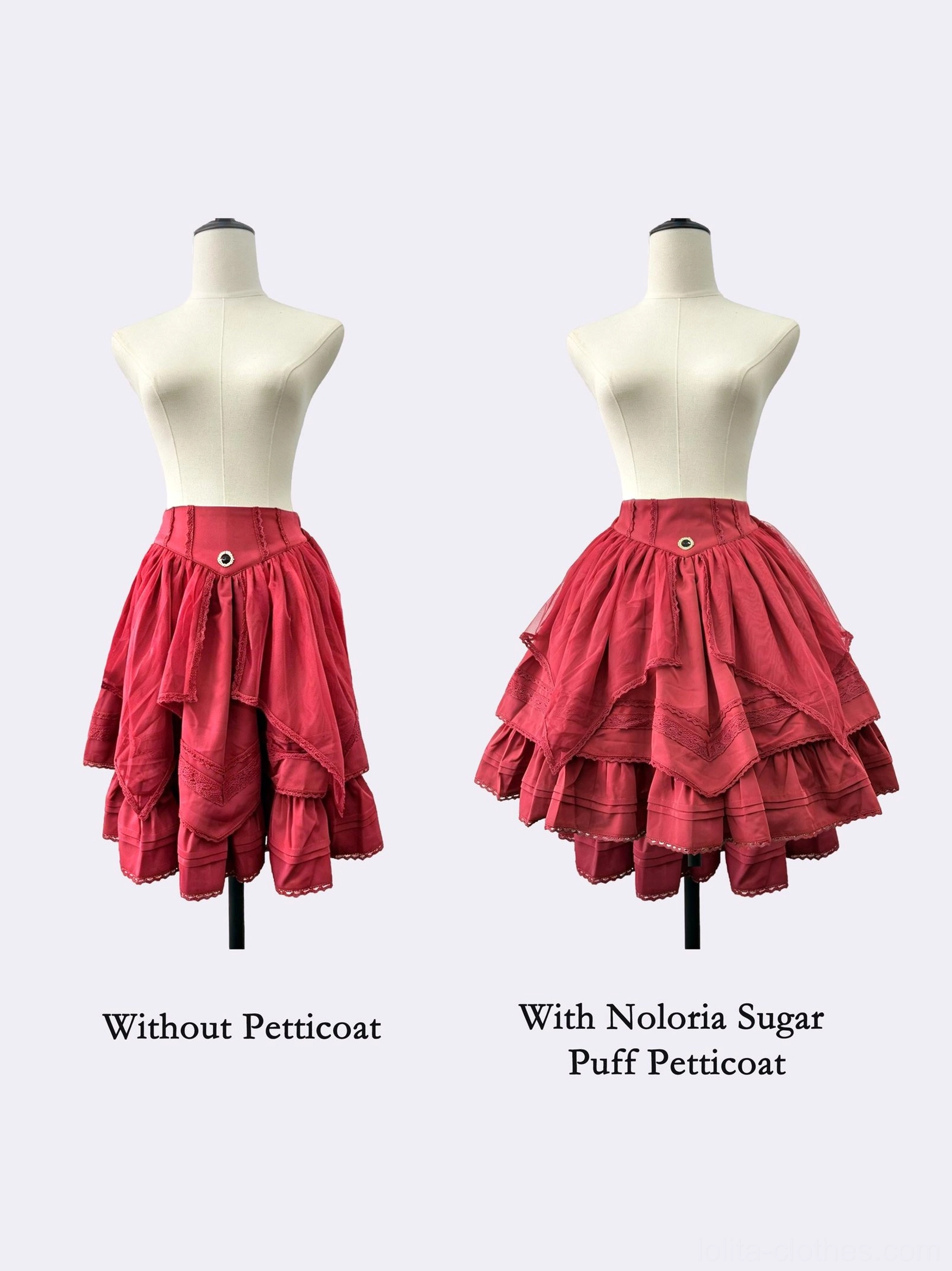 Ruffled skirt petticoat effect comparison front view two dress forms with red skirts left flat without petticoat right fluffy full with sugar puff petticoat