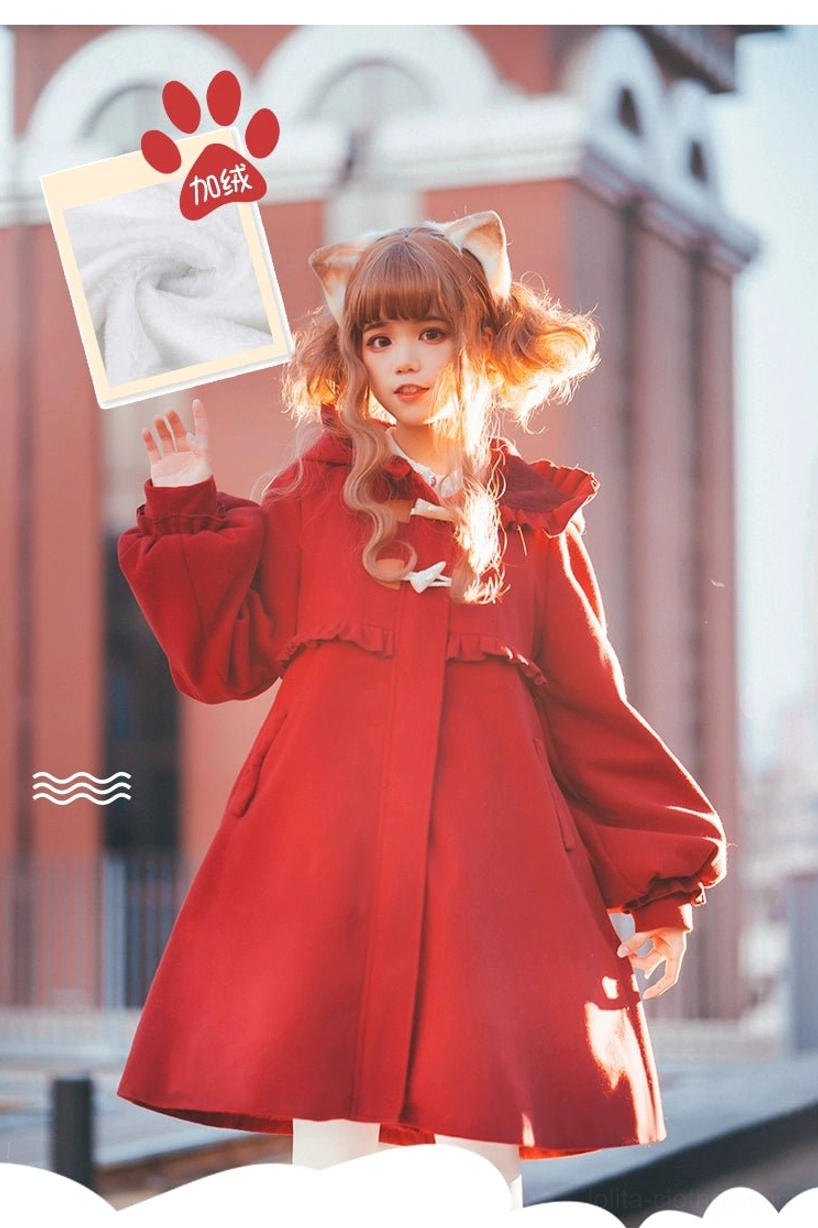 Red lolita winter coat cat ear hood ruffled trims lantern sleeves faux rabbit velvet inner lining single model outdoor full body view