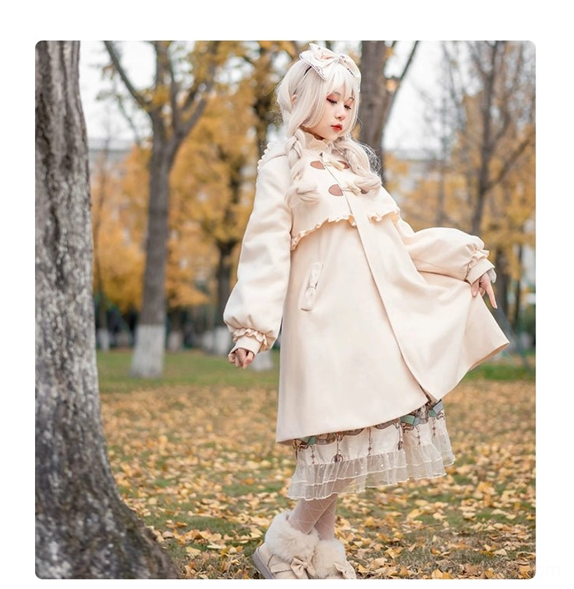 Red lolita woolen coat three quarter rear view detachable cat tail positioning A-line silhouette back