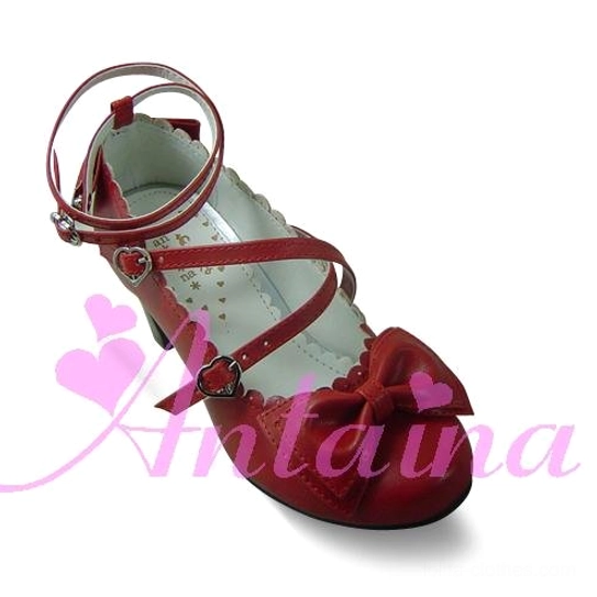 Matte red lolita high heels with classic crossover heart-shaped buckle straps, scalloped round toe design, Victorian-inspired details, and 6.3cm block heel