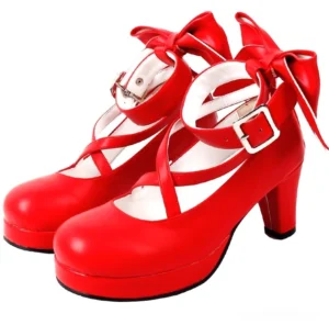Red matte Lolita princess platform heel shoes with crossover ankle buckle straps, large decorative back bow, round platform toe, and block heel - front three-quarter view