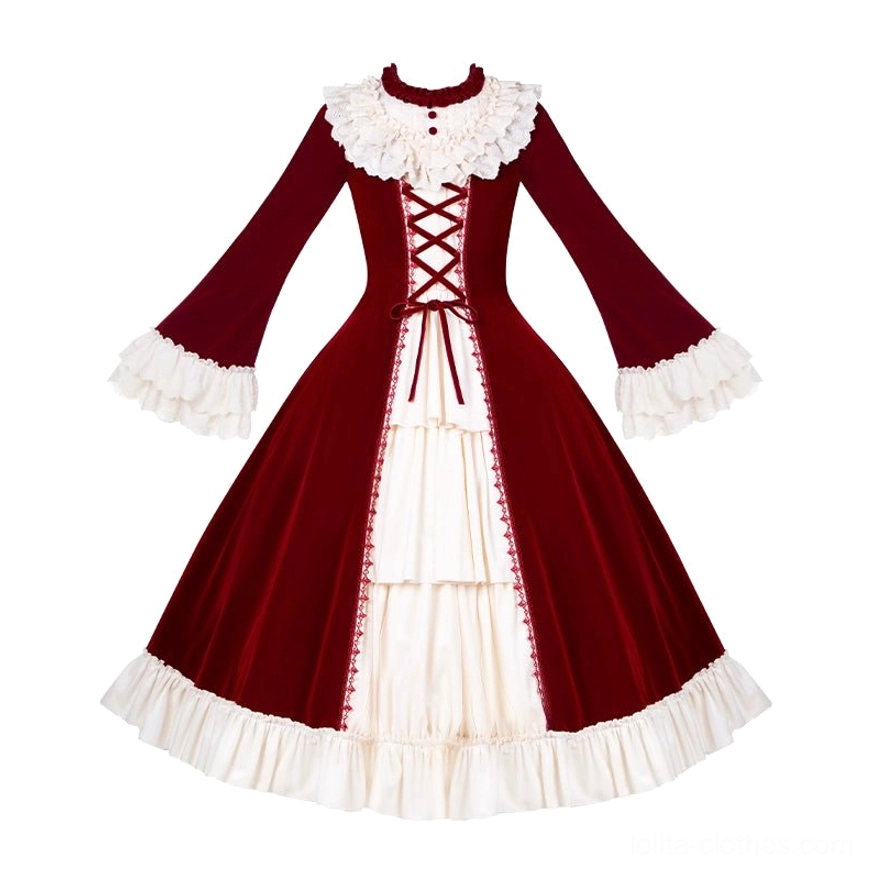 Red Nutcracker lolita one-piece dress front lace-up detail theatrical vintage European style
