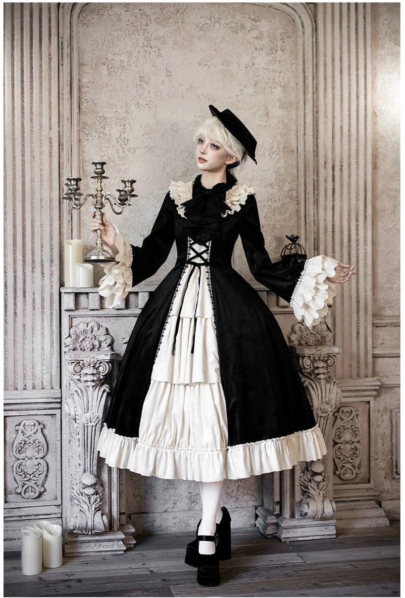 Red Nutcracker lolita OP dress front opening full outfit view vintage indoor baroque setting elegant