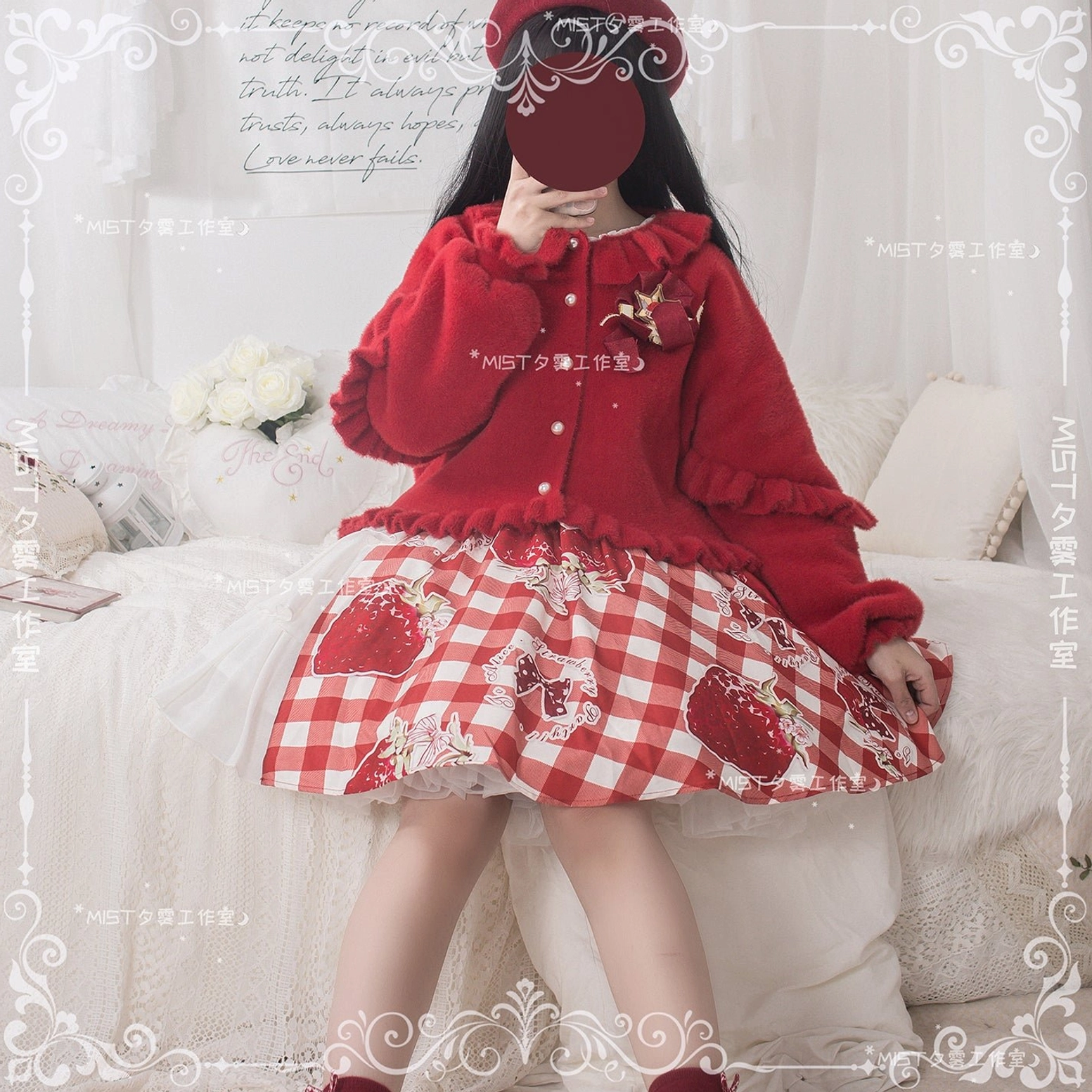 Red orange sweet lolita fuzzy cardigan size L dramatic styling bold aesthetic
