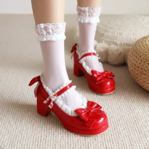 Red patent leather sweet lolita platform heels with ruffled lace collar ankle buckle and bow decoration on-foot wearing display