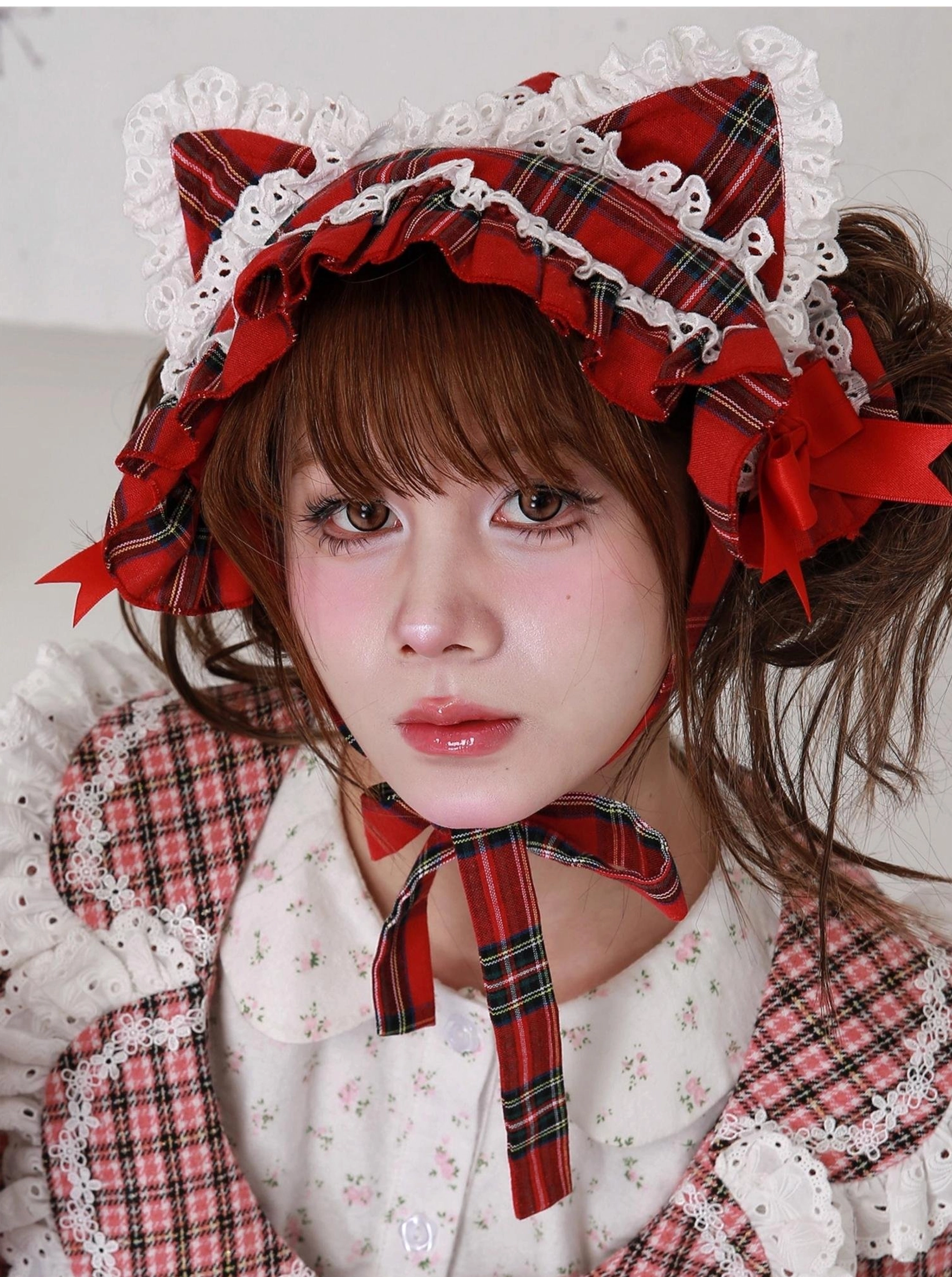 Red plaid cat ear sweet lolita hairband with matching coordinated neck ribbon accessory, complete lolita headdress ensemble display showing all components and styling potential for fashion coordination