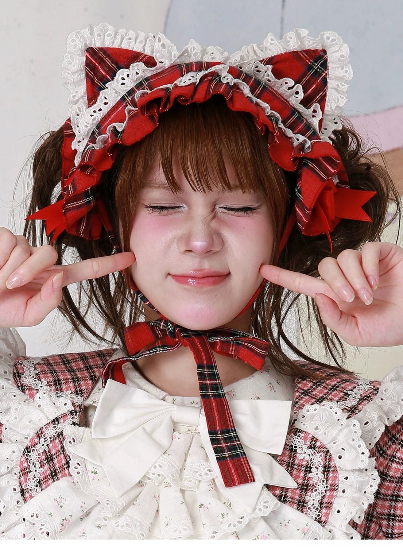 Red plaid cat ear sweet lolita hairband detailed product photography, showing texture of tartan pattern, white lace edging quality, and red bow accents from multiple angles for SEO and product representation