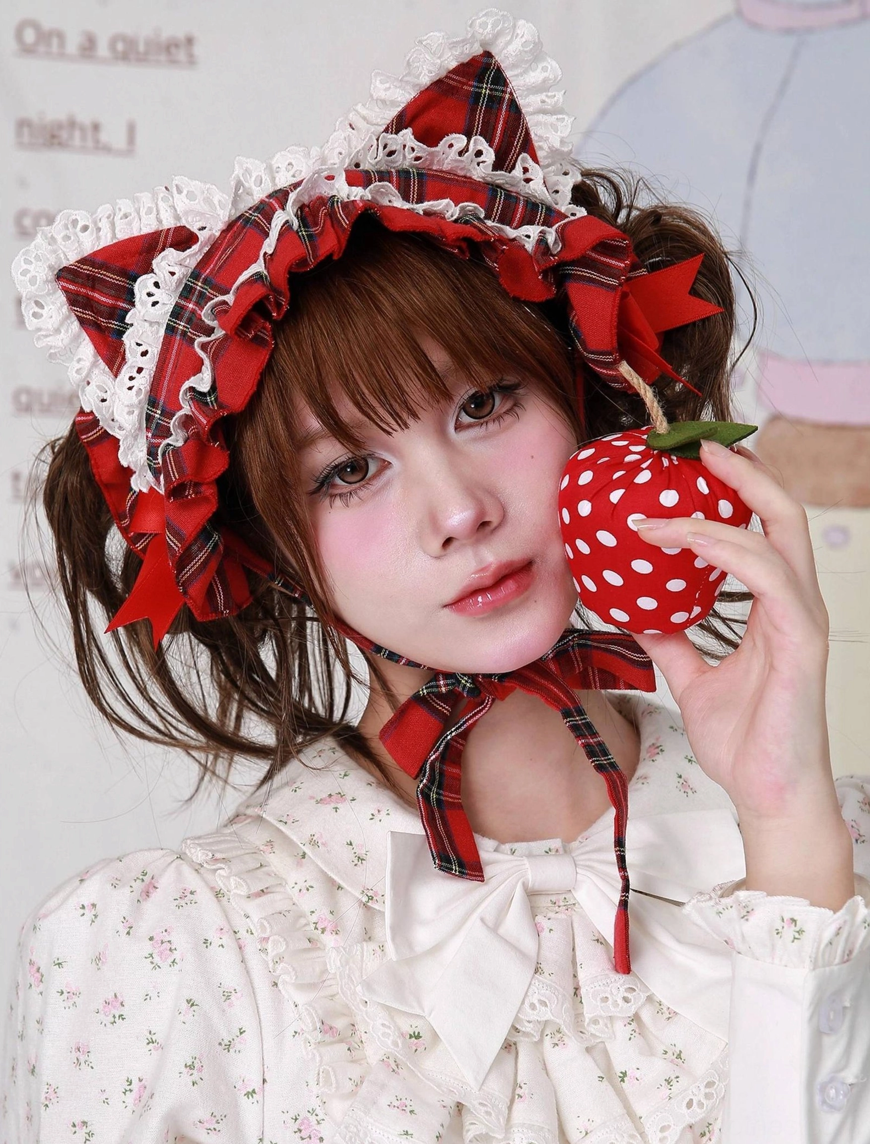 Red plaid cat ear lolita hairband with white lace edging frontal neutral portrait, clear view of the tartan plaid cat ears, precise bow placement, and ruffled lace details, worn with white floral lolita blouse