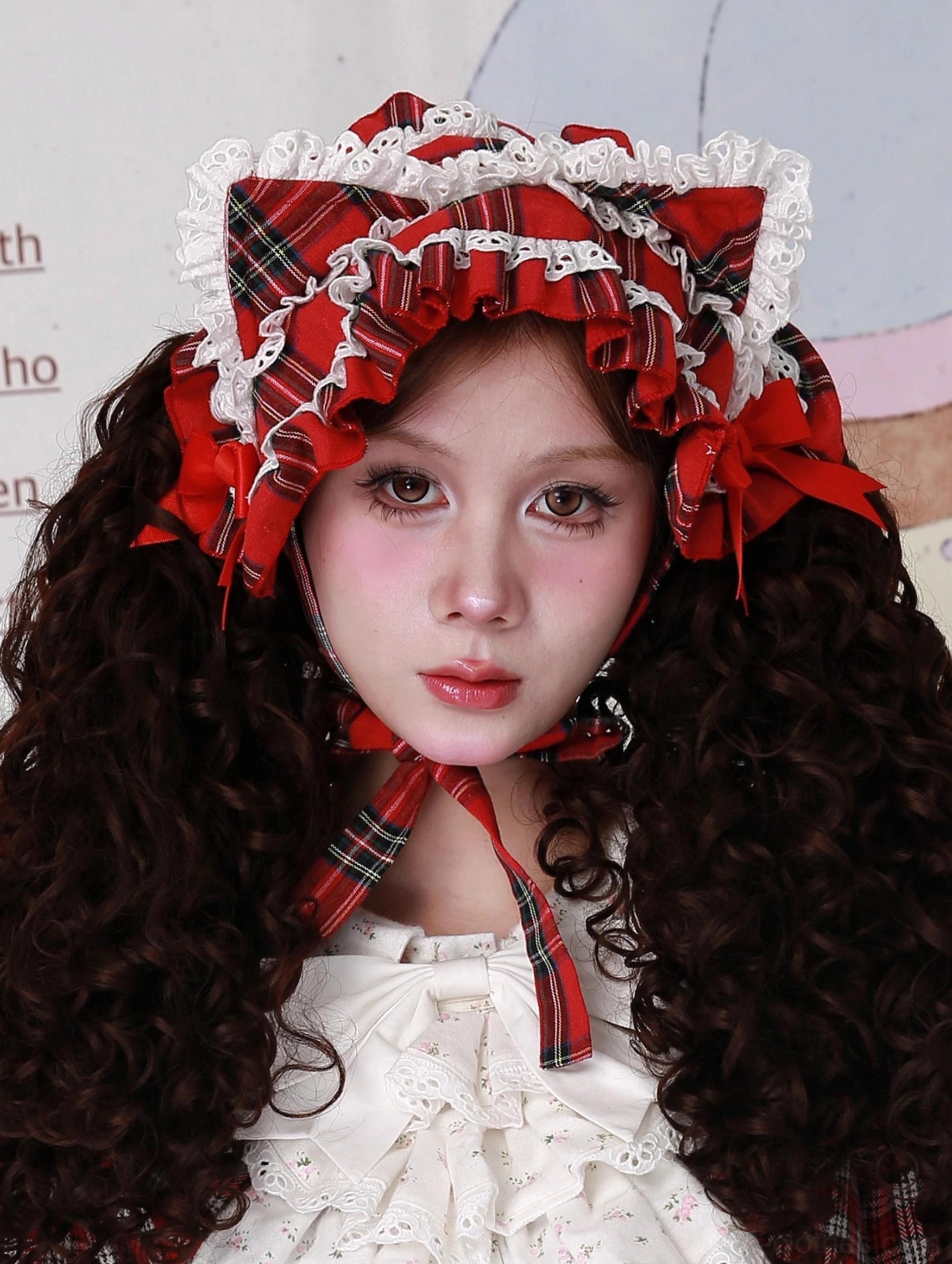Red plaid cat ear sweet lolita headdress flatlay or styled display, showcasing the complete product with all decorative elements, lace details, and matching accessories for online shopping presentation