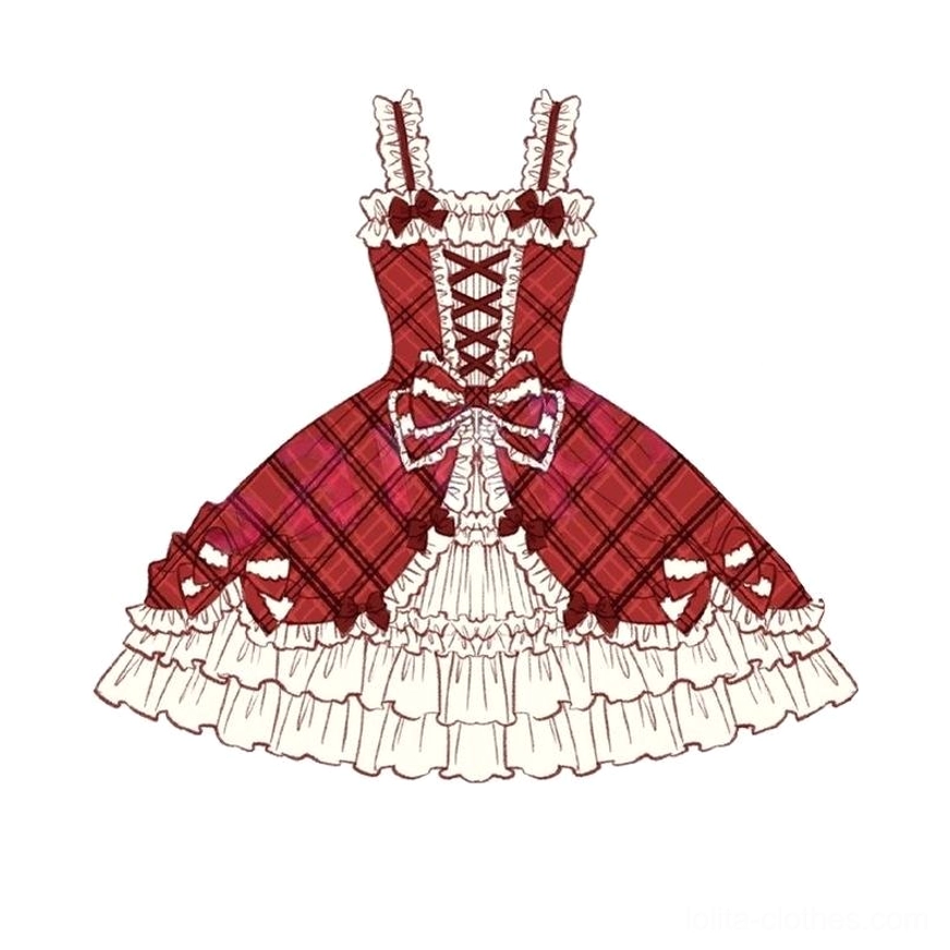 Red plaid cake-style lolita JSK dress in small size on dress form showing structured silhouette, two-tone plaid design, ruffled tiered layers
