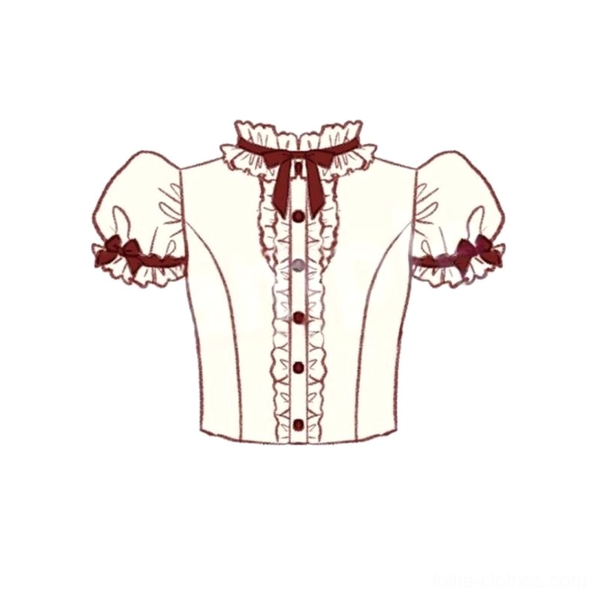 White stand collar puff sleeve blouse from Shugo Chara lolita collaboration with red ribbon bows and ruffled lace trim in small, medium, and large sizes