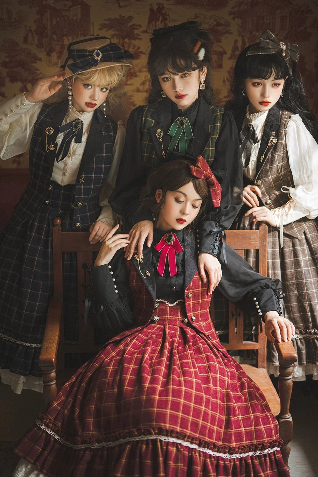 Red plaid lolita formal skirt set with long sleeve blouse and bow necktie formal coordinate