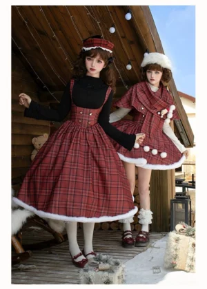 Twin red plaid Lolita JSK dresses with corset-style boned waist, white fuzzy hem trim, scarf cape set, side angle view in snow