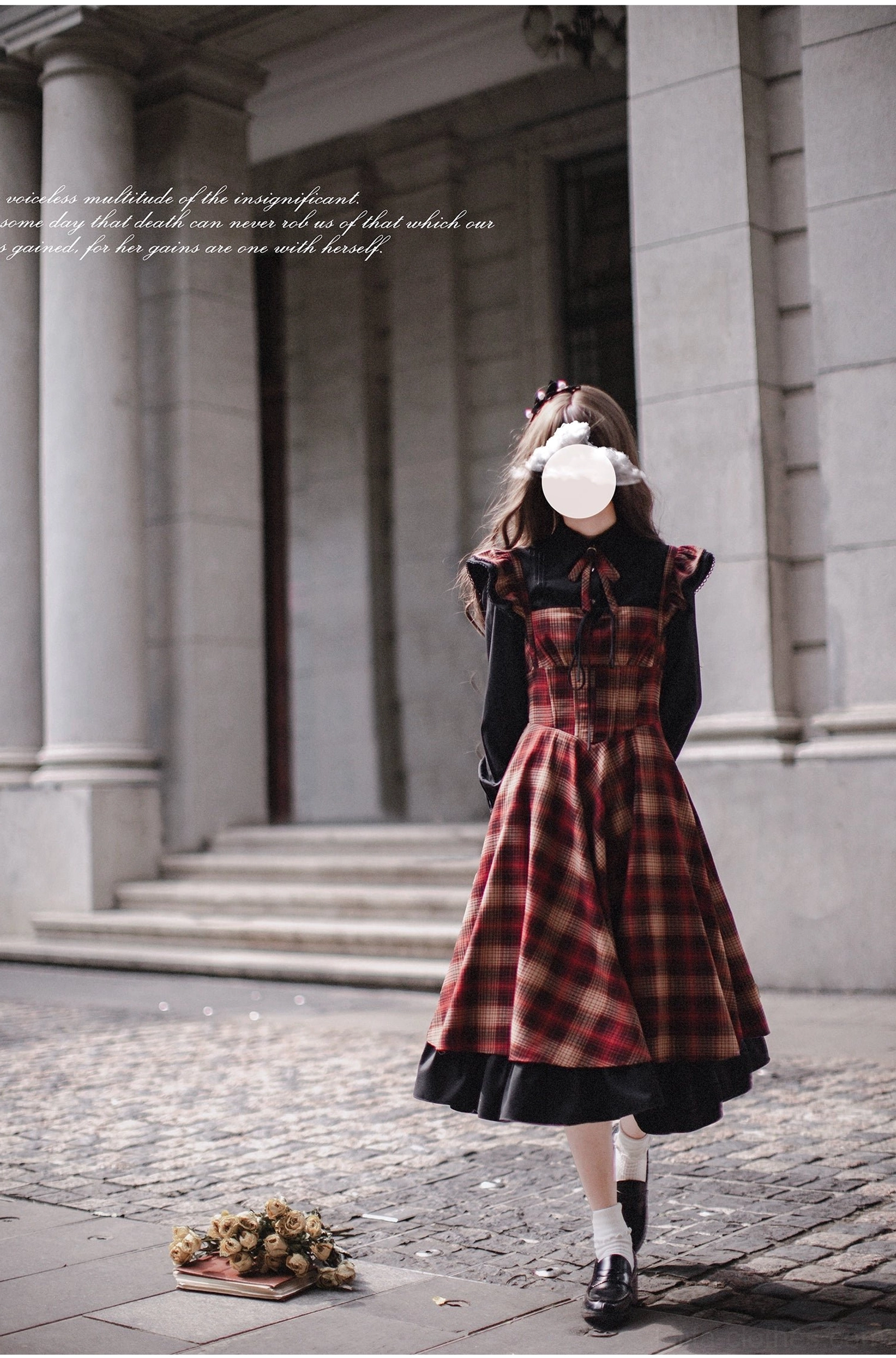 Red plaid lolita JSK with black ruffled blouse without outer coat - neat tartan pattern with double-layer black flounce hem, front walking pose on European stone stairs