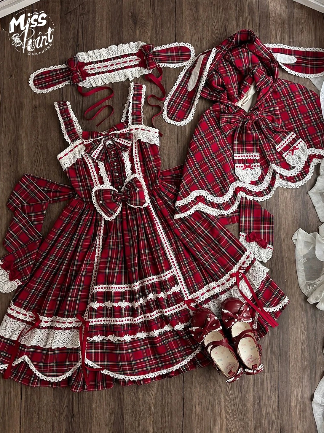Red tartan old school lolita jumper skirt dress lifestyle photography wearing comfort extended wear social event