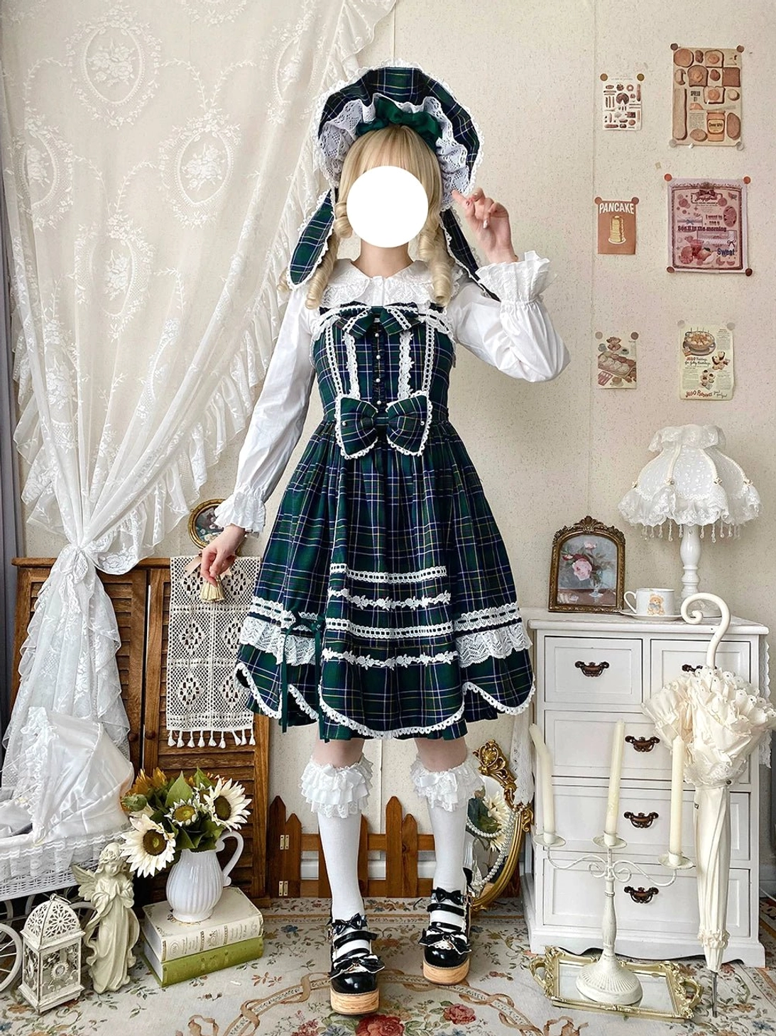 Red tartan old school lolita JSK dress worn with white blouse classic sweet coordinate aesthetic styling traditional pairing
