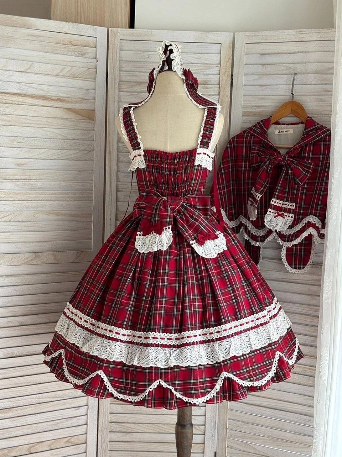 Red tartan lolita JSK dress matching detachable plaid shawl back static dress form display large back decorative bow scalloped white lace hem elastic back waist tartan plaid white lace trims